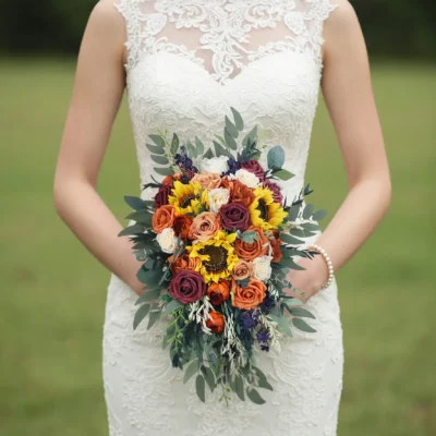 Wedding bouquets prices inspiration with yellow sunflowers, rust and burgundy roses, ivory blooms, and cascading eucalyptus for a fall bride