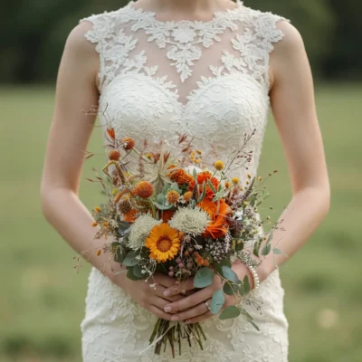 Budget wedding bouquets with orange flowers, golden autumn accents, cream blooms, wildflower textures, and eucalyptus greenery for a fall bride