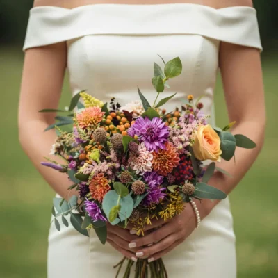 Popular wedding bouquets with purple autumn flowers, peach roses, amber berries, rust blooms, and eucalyptus greenery for a fall bride
