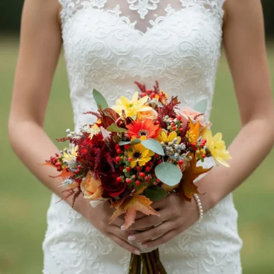 Popular wedding bouquets with yellow and orange autumn flowers, peach roses, red berries, fall leaves, and eucalyptus for a fall bride