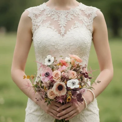 Bridal flowers bouquets with blush roses, pale anemone flowers, dusty pink textures, and muted autumn foliage for a romantic fall bride