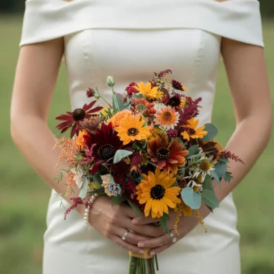 Wedding bouquet cost inspiration with golden autumn flowers, burgundy blooms, orange berries, and eucalyptus for a colorful fall bride