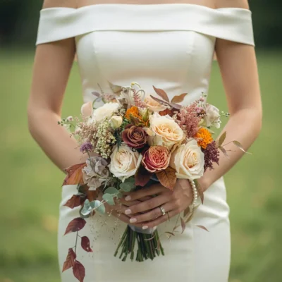Bridal bouquet cost inspiration with ivory roses, dusty blush flowers, orange accents, eucalyptus, and rust foliage for a fall wedding