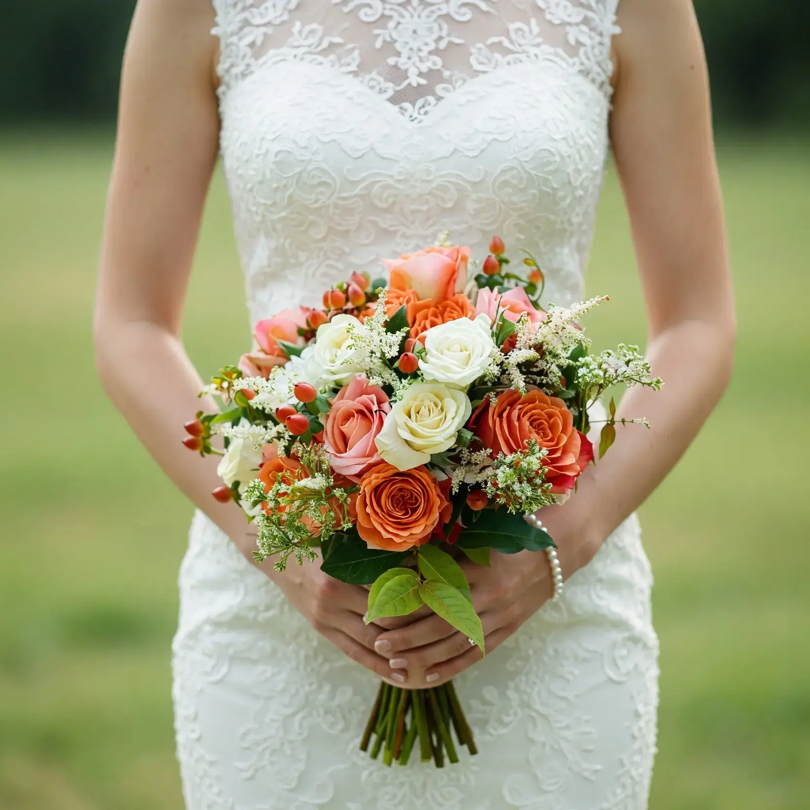 Bridal blooms with peach and ivory roses, coral berry accents, delicate white flowers, and fresh greenery for a romantic fall bride