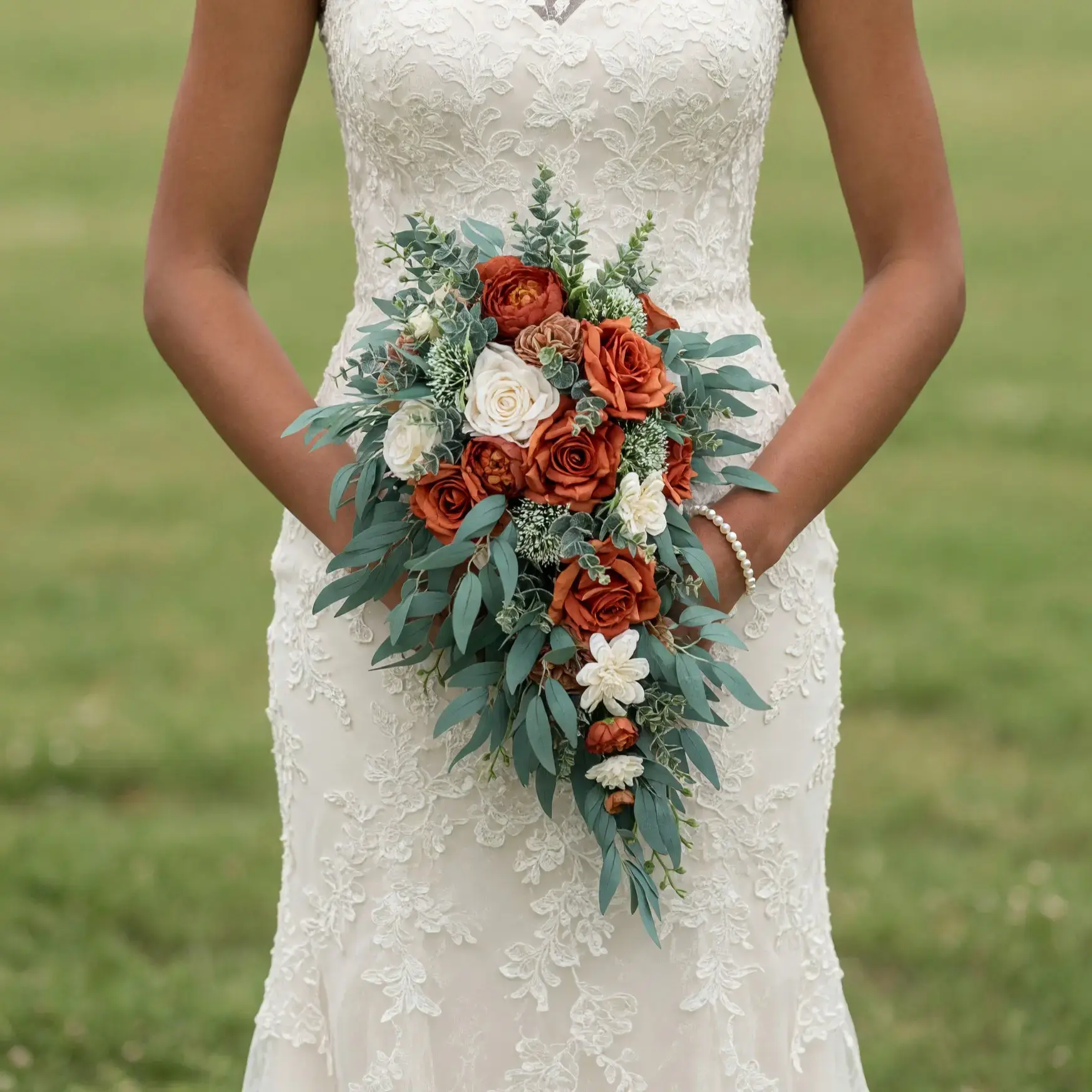 Fall Wedding Bouquets Rust Ivory Cascade