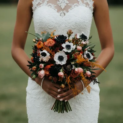 Wedding bouquet cost inspiration with ivory anemones, black flowers, copper roses, blush buds, golden textures, and dark fall greenery