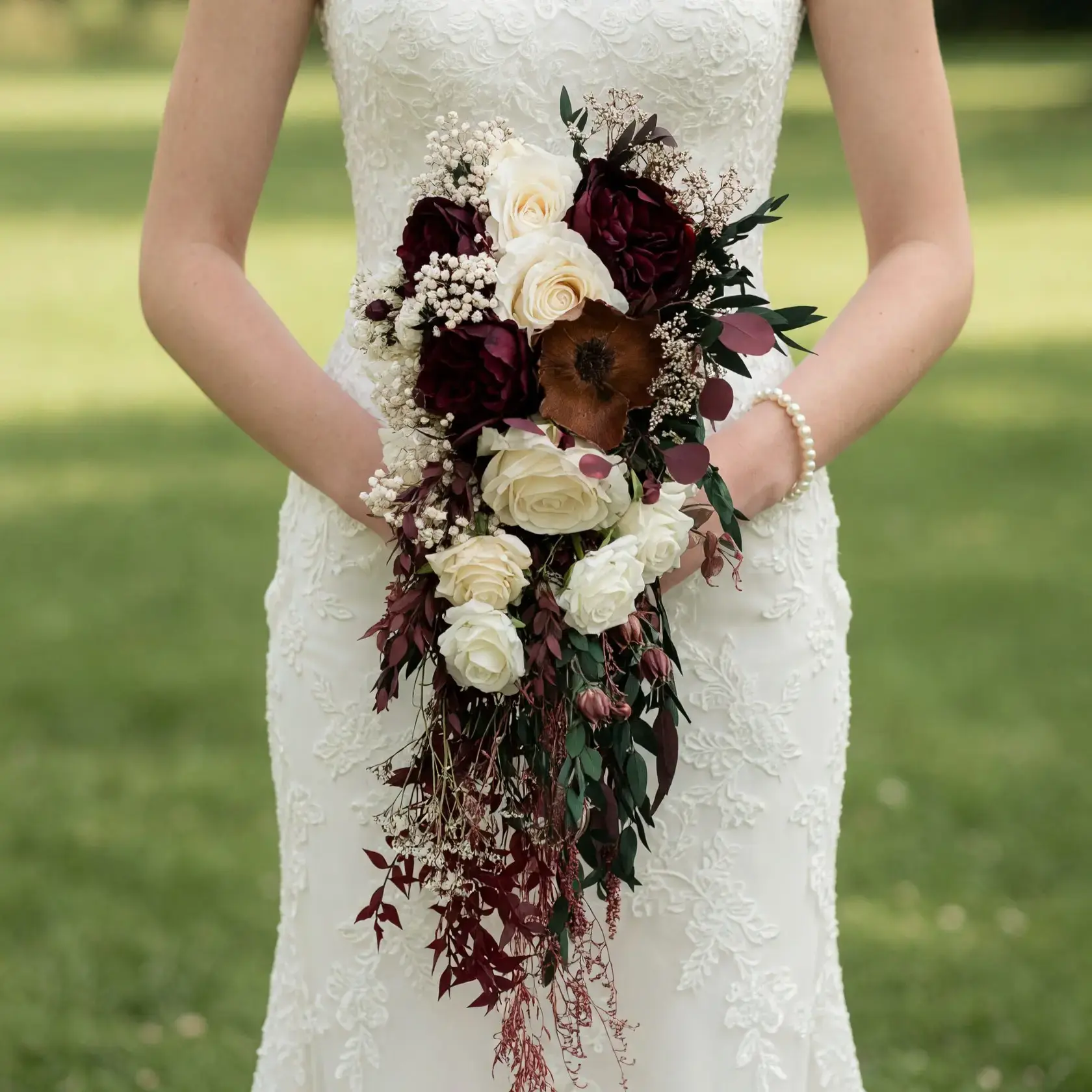 Fall Wedding Bouquets Burgundy Ivory Cascade
