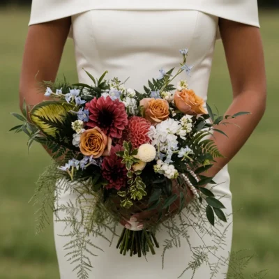 Wedding bouquets prices inspiration with copper roses, burgundy dahlias, pale blue flowers, cream blooms, and garden greenery for a fall bride