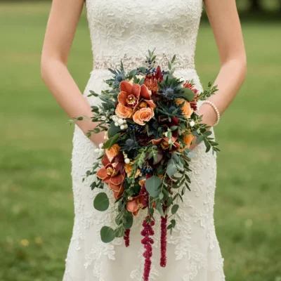 Popular wedding bouquets with copper orchids, peach roses, blue thistles, dark berries, white berry accents, and cascading eucalyptus for fall