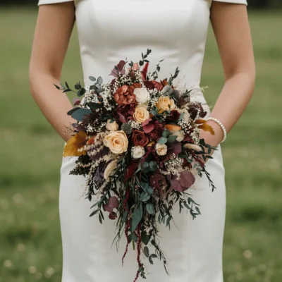 Bridal flowers bouquets with ivory roses, caramel blooms, burgundy accents, copper autumn foliage, and cascading eucalyptus for a fall bride