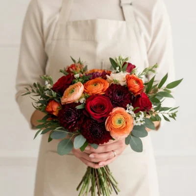 Bridal bouquet cost inspiration with red roses, orange ranunculus, burgundy flowers, white accents, and eucalyptus for a romantic fall wedding