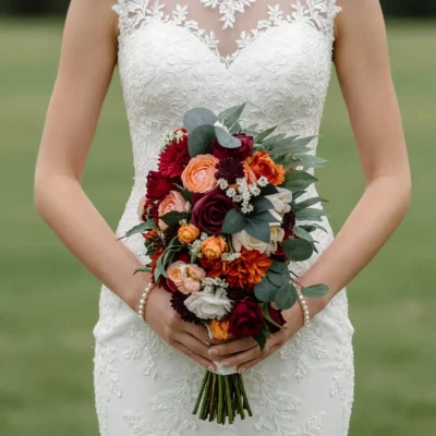 Popular wedding bouquets with burgundy roses, orange and peach flowers, ivory accents, white filler blooms, and eucalyptus for a fall bride