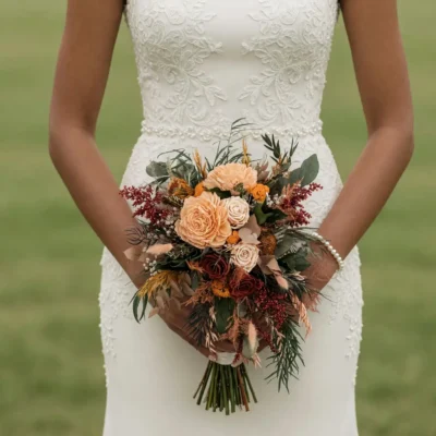 Boho style flowers with peach roses, burgundy blooms, dried grasses, berry accents, and muted greenery for a romantic autumn bride
