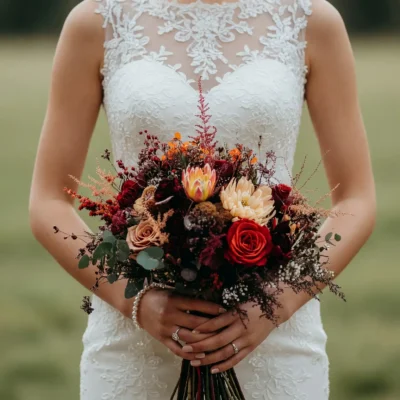 Popular wedding bouquets with red roses, burgundy flowers, cream blooms, berries, eucalyptus, and airy autumn textures for a fall bride