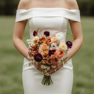 Bridal blooms with peach and ivory flowers, burgundy accents, caramel tones, and delicate greenery for a romantic fall bride