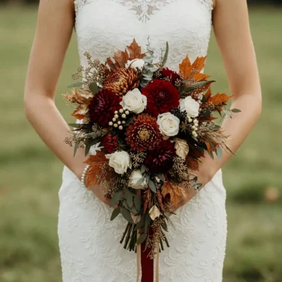 Wedding flowers cost inspiration with burgundy blooms, ivory roses, copper flowers, berries, eucalyptus, and autumn maple leaves for a fall bride