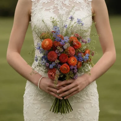 Popular wedding bouquets with orange ranunculus, rust dahlias, blue and lavender wildflowers, and airy meadow greenery for a romantic fall bride