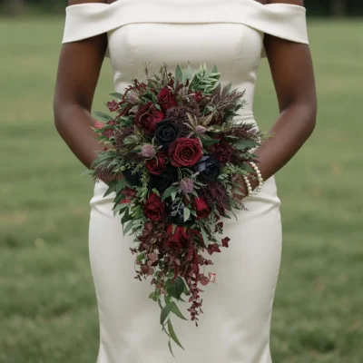 Bridal blooms with burgundy and black roses, eucalyptus, plum accents, dark textured foliage, and cascading greenery for a moody fall bride