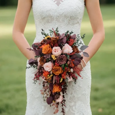 Bridal bouquet cost inspiration with caramel and blush roses burgundy foliage copper flowers and cascading greenery for an autumn bride