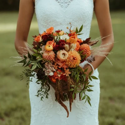 Boho style flowers with peach dahlias, orange roses, burgundy blooms, feathery grasses, and cascading greenery for an autumn bridal bouquet