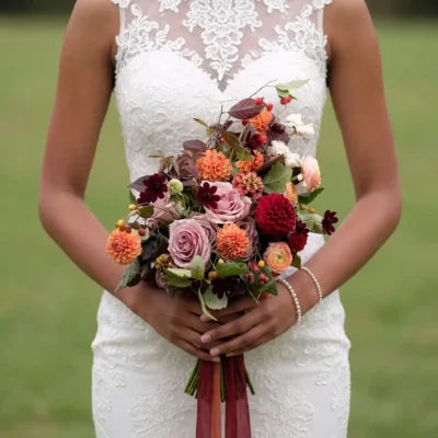 Bridal flowers bouquets with mauve roses, coral dahlias, burgundy blooms, blush flowers, seasonal berries, and greenery for a romantic fall bride