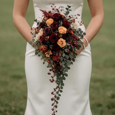 Bridal flowers bouquets with burgundy roses, peach blooms, eucalyptus, autumn berry sprigs, cream accents, and cascading greenery for a fall bride