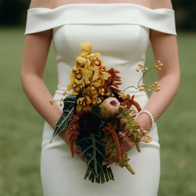 Bridal flowers bouquets with golden orchids, protea, burgundy flowers, amber berries, rust botanical textures, and dark foliage for a fall bride