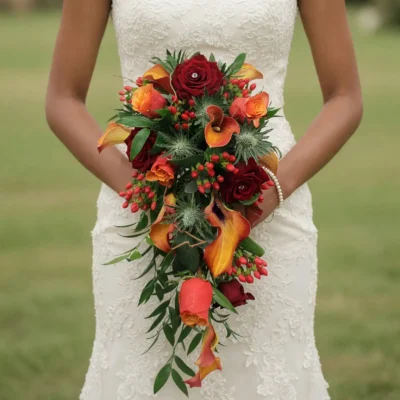 Bridal flowers bouquets with burgundy roses, orange calla lilies, red berries, silver thistle, and cascading greenery for an elegant fall bride