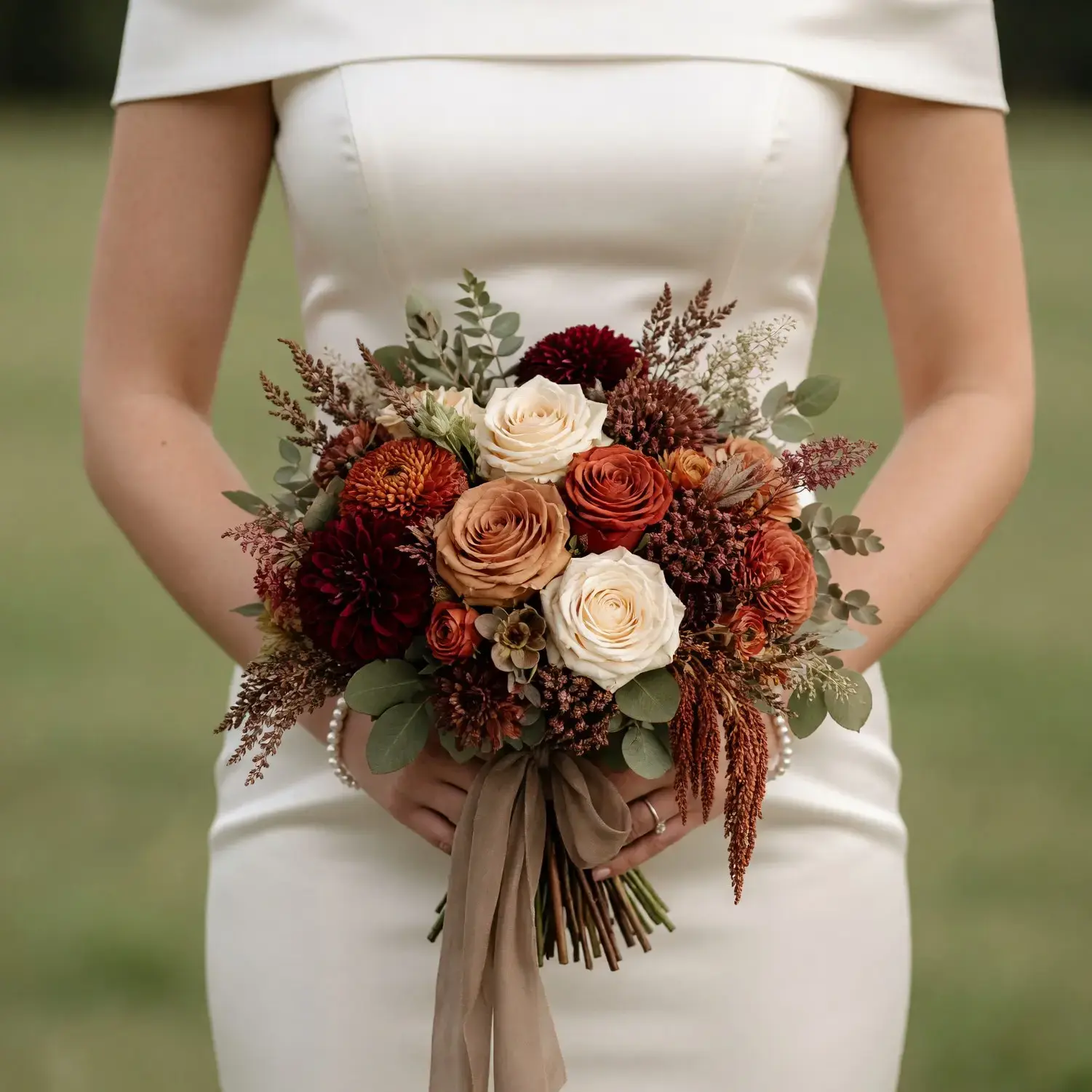 Bridal blooms with merlot dahlias, rust and mocha roses, ivory flowers, eucalyptus, textured autumn foliage, and taupe ribbon for a fall bride