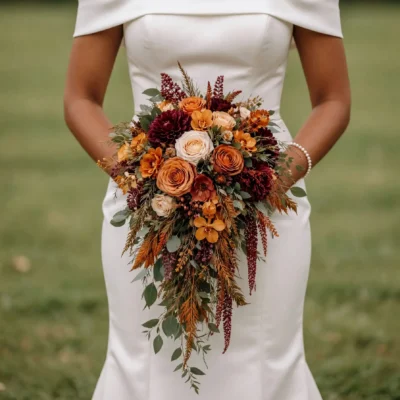 Bridal blooms with copper roses, burgundy dahlias, ivory flowers, golden accents, eucalyptus, and cascading autumn foliage for a fall bride