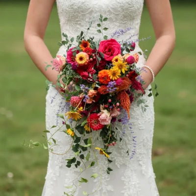 Bridal flowers bouquets with pink roses, orange and yellow wildflowers, lavender accents, berries, eucalyptus, and cascading greenery for a fall bride