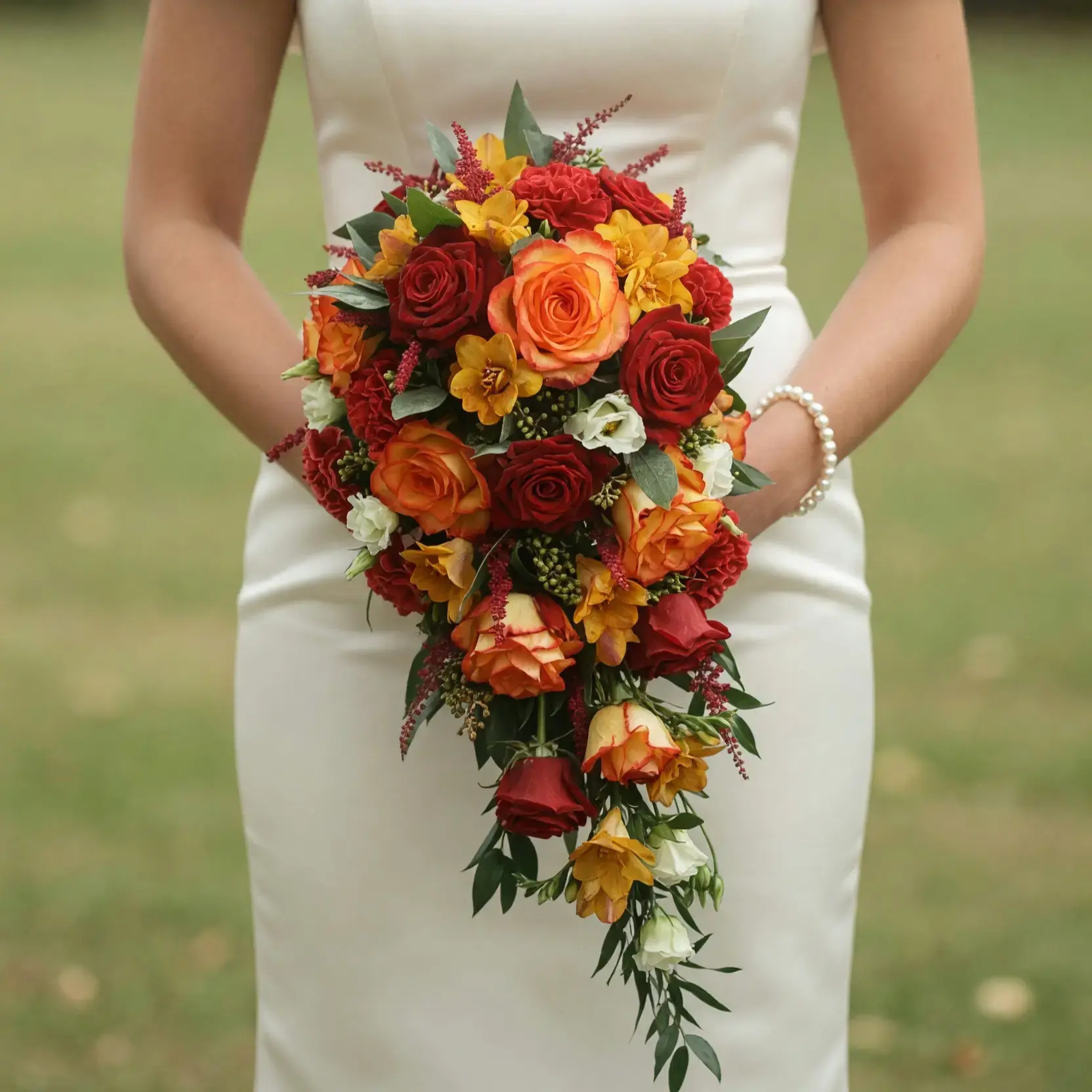 Popular wedding bouquets with crimson roses, orange blooms, golden flowers, ivory accents, burgundy stems, and cascading greenery for a fall bride