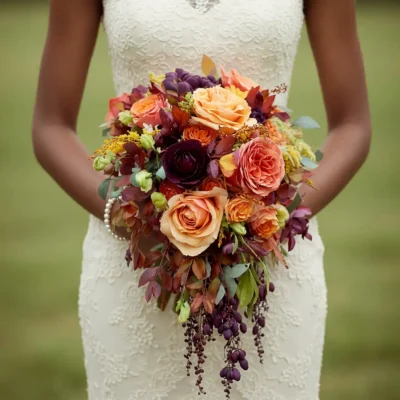 Bridal flower bouquets with apricot and coral roses, plum flowers, burgundy foliage, eucalyptus, golden accents, and cascading purple berries for a fall bride