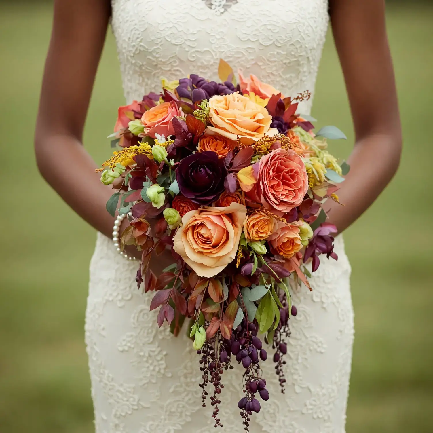 Bridal flower bouquets with apricot and coral roses, plum flowers, burgundy foliage, eucalyptus, golden accents, and cascading purple berries for a fall bride
