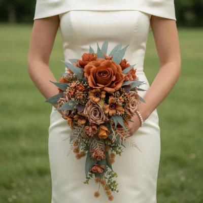 Bridal flowers bouquets with cinnamon and taupe roses, copper blooms, eucalyptus, berries, and cascading foliage for an elegant fall bride