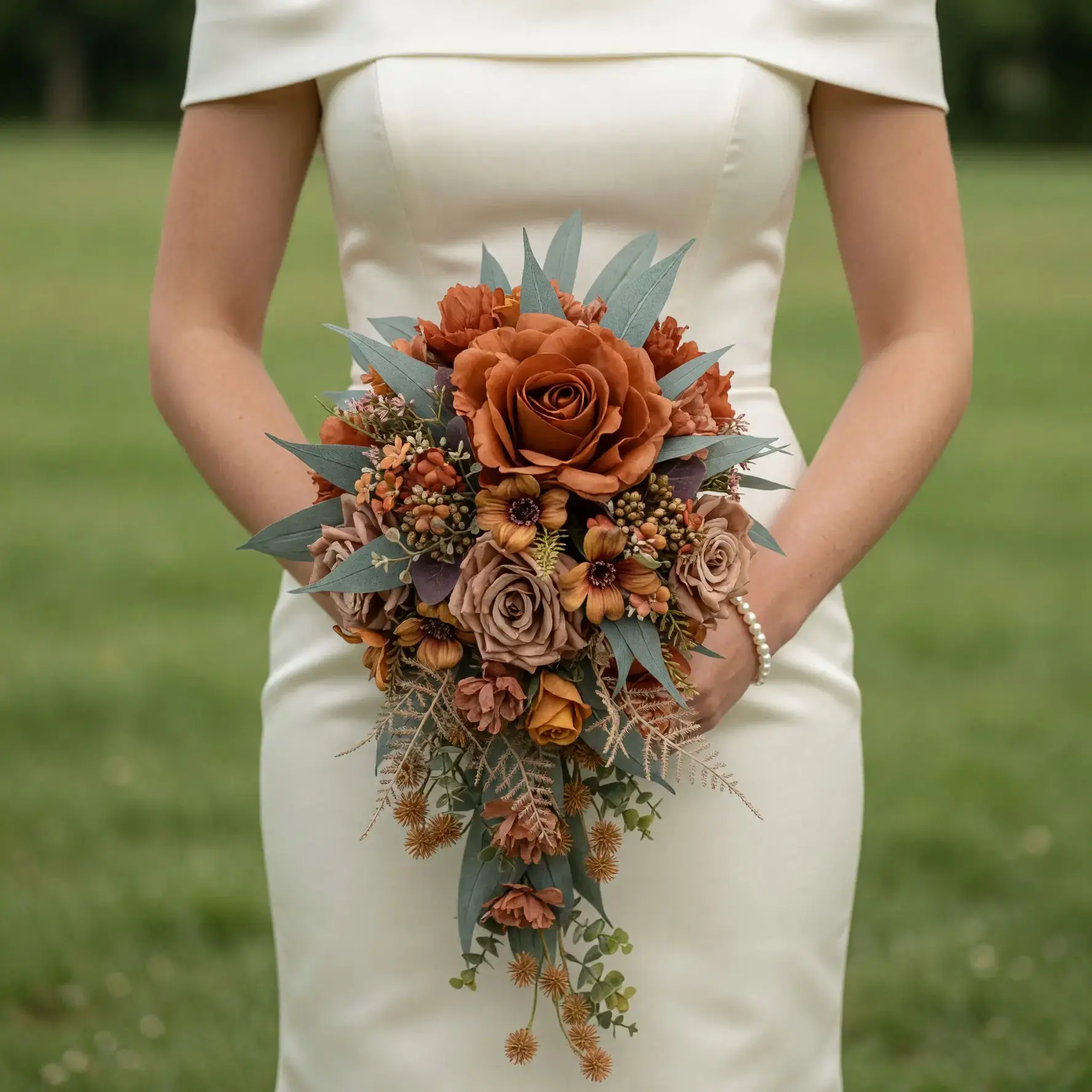 Bridal flowers bouquets with cinnamon and taupe roses, copper blooms, eucalyptus, berries, and cascading foliage for an elegant fall bride