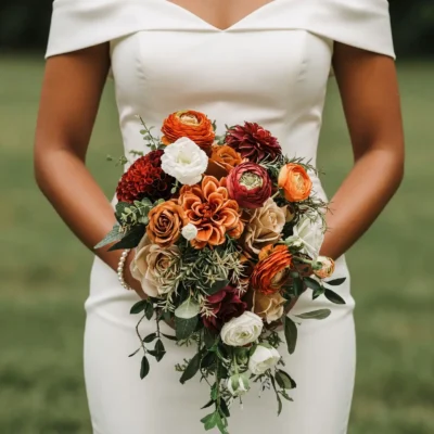 Bridal blooms with burnt-orange flowers, caramel roses, rust dahlias, ivory blooms, burgundy accents, and cascading greenery for a fall bride