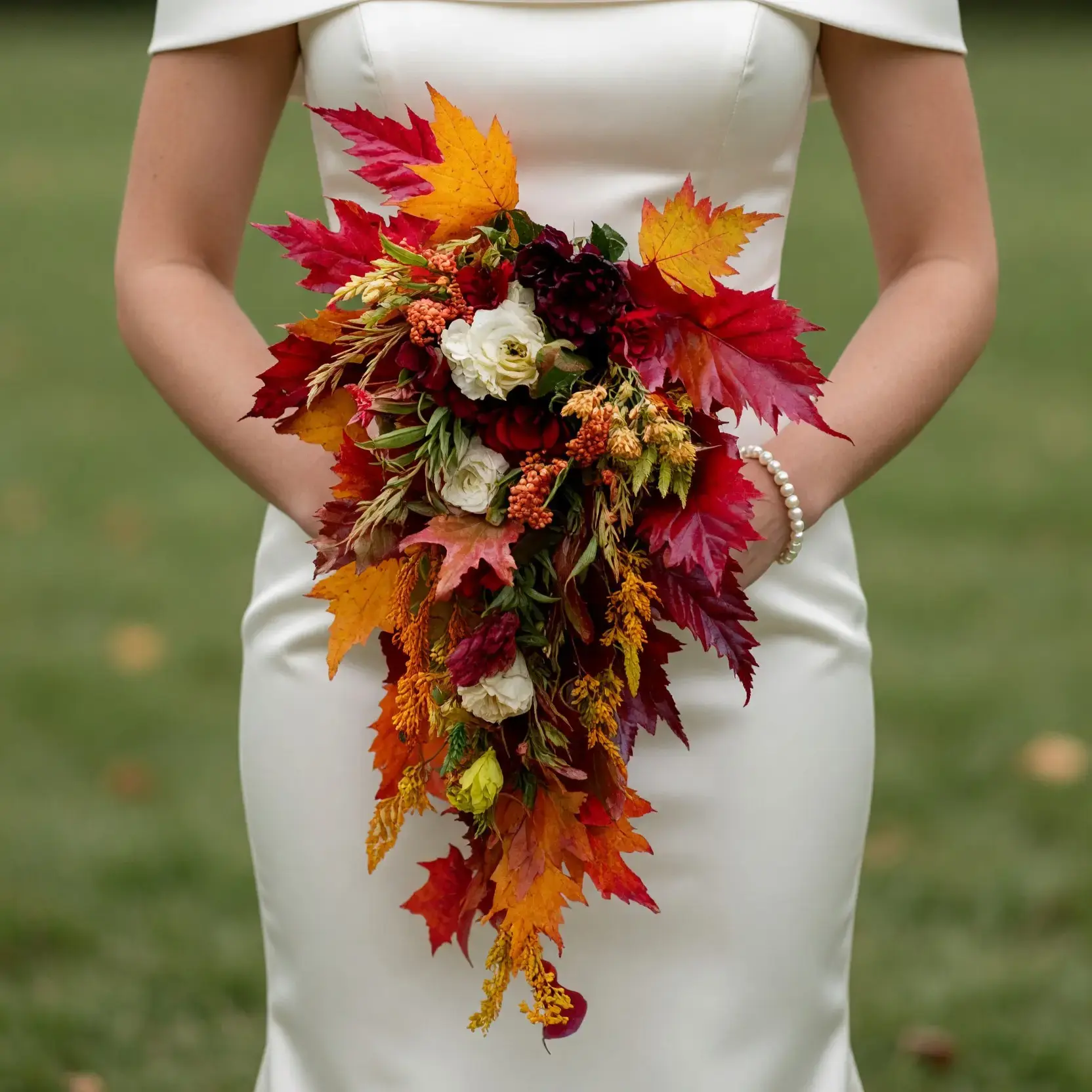 Bridal flowers bouquets with crimson and golden maple leaves, burgundy flowers, ivory blooms, orange berries, and cascading autumn greenery