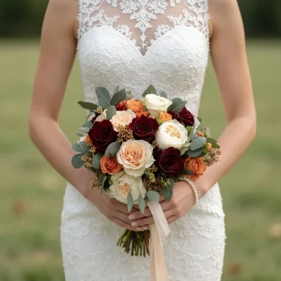 Average cost of bridal bouquet inspiration with burgundy, ivory and champagne roses, dusty eucalyptus, and golden accents for a fall bride