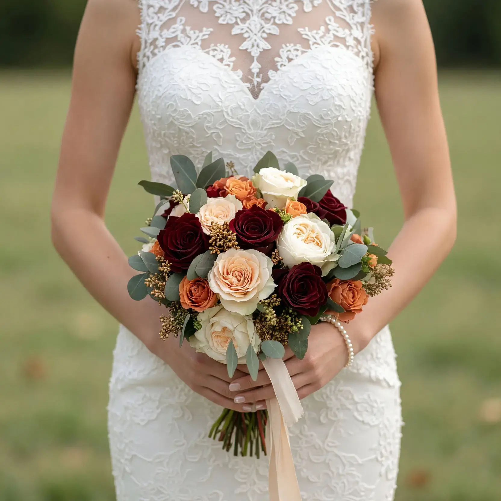 Average cost of bridal bouquet inspiration with burgundy, ivory and champagne roses, dusty eucalyptus, and golden accents for a fall bride