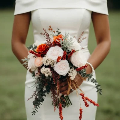 Wedding flowers bridal bouquet prices inspiration with ivory blooms, burnt-orange roses, eucalyptus, silvery foliage, and rust accents for a fall bride