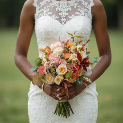 Average cost of wedding flowers inspiration with ivory and blush roses, rosehips, peach accents, eucalyptus, and burgundy foliage for a fall bride
