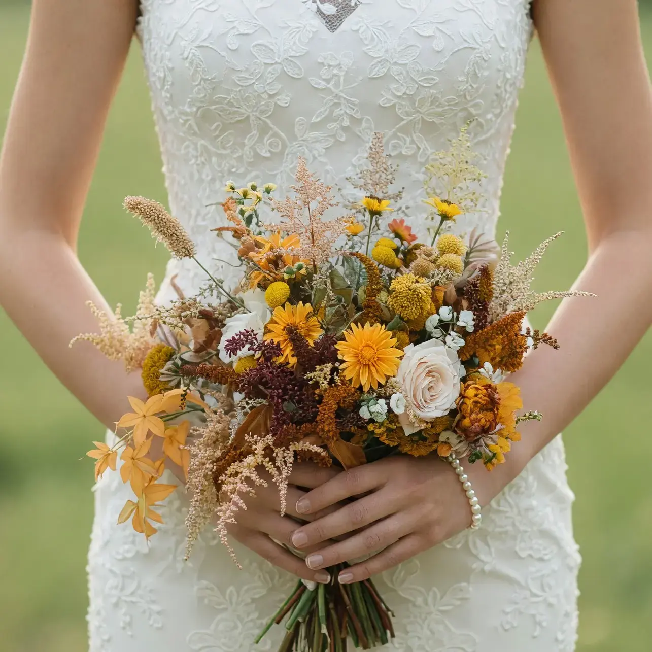 Fall bridal bouquet with golden yellow flowers, ivory roses, mustard button blooms, beige meadow textures, rust accents, and muted greenery