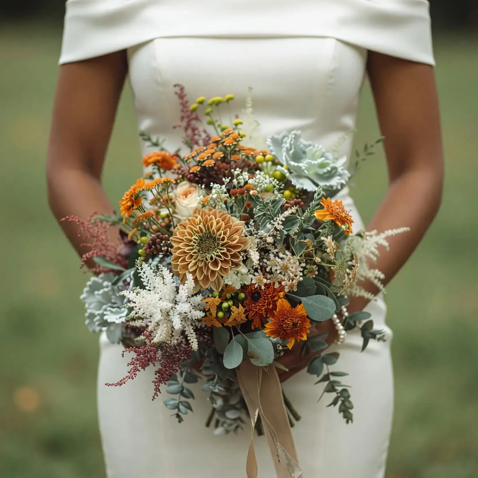 Average price of bridal bouquet inspiration with caramel dahlia, ivory roses, orange flowers, eucalyptus, white feathery blooms, and fall berries