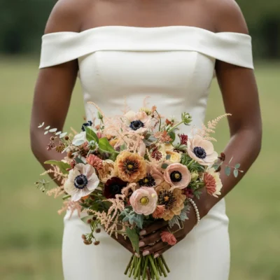 Wedding flowers cost inspiration with blush anemones, ivory roses, peach blooms, dusty pink flowers, eucalyptus, and airy fall textures