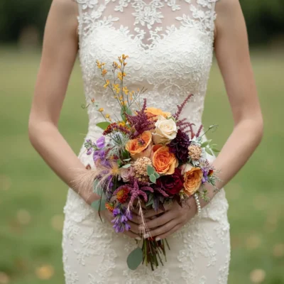 Popular wedding bouquets with apricot roses, burgundy flowers, ivory blooms, purple accents, eucalyptus, and airy grasses for a fall bride