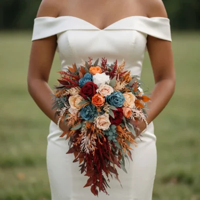 Bridal blooms with slate-blue, burgundy, ivory, peach, and rust roses, eucalyptus, copper foliage, and cascading autumn textures