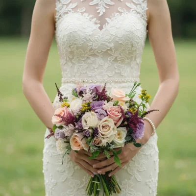 Wedding florist prices inspiration with ivory, blush, champagne and lavender roses, burgundy astilbe, eucalyptus, and soft fall greenery