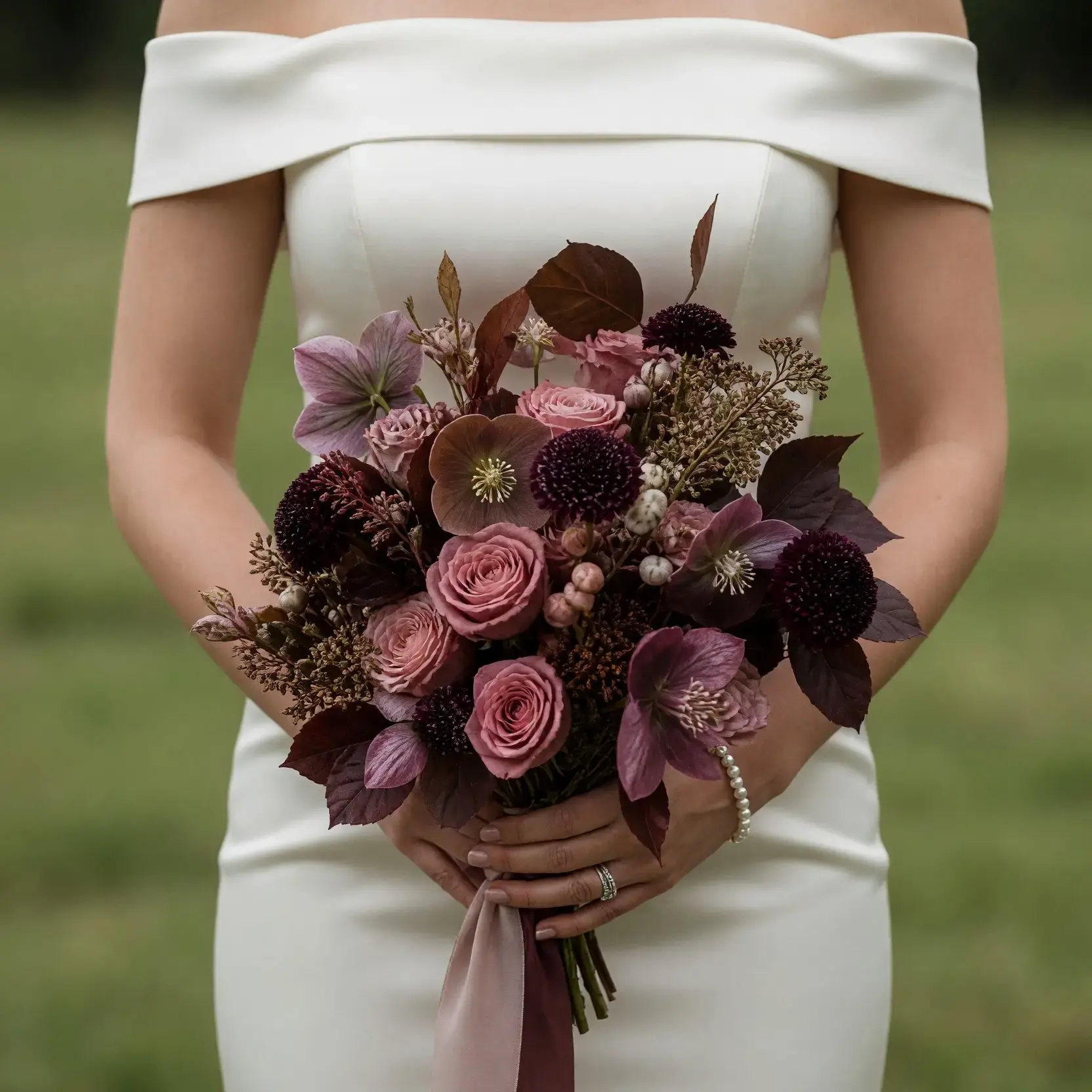 Boho style flowers with dusty mauve roses, plum hellebore blooms, dark textured flowers, burgundy foliage, and woodland accents for a fall bride