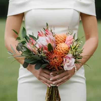 bridal flowers bouquets with pink protea orange tropical flowers pale orchid and lush greenery for a modern botanical wedding